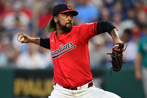 Emmanuel Clase throws a pitch during the ninth inning.