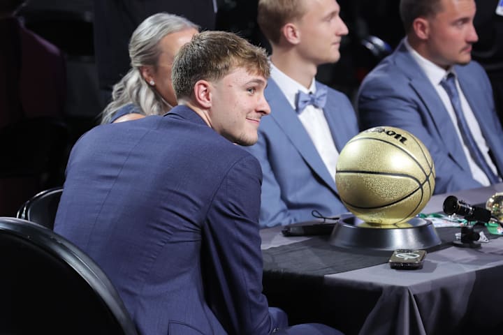 Cooper Flagg looks on during the 2025 NBA Draft at Barclays Center.