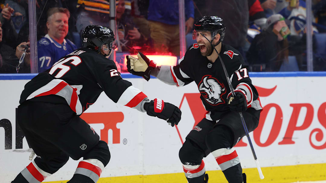 Mar 8, 2026; Buffalo, New York, USA;  Buffalo Sabres left wing Jason Zucker (17) reacts after scoring a goal during the second period against the Tampa Bay Lightning at KeyBank Center. Mandatory Credit: Timothy T. Ludwig-Imagn Images