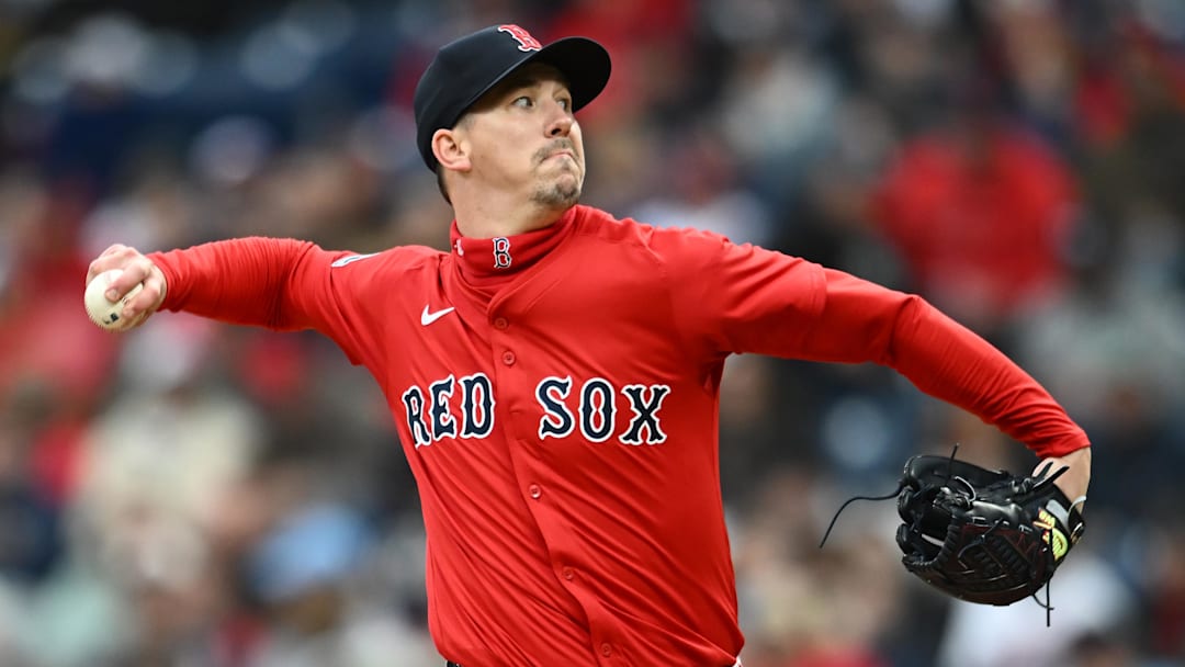 Apr 26, 2025; Cleveland, OH, USA; Boston Red Sox starting pitcher Walker Buehler (0) throws a pitch during the first inning against the Cleveland Guardians at Progressive Field. Mandatory Credit: Ken Blaze-Imagn Images
