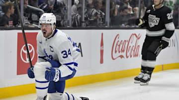Mar 29, 2025; Los Angeles, California, USA; Toronto Maple Leafs center Auston Matthews (34) celebrates after scoring the go-ahead goal in the third period against the Los Angeles Kings at Crypto.com Arena. Mandatory Credit: Jayne Kamin-Oncea-Imagn Images