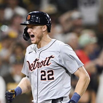 Detroit Tigers center fielder Parker Meadows (22) rounds the bases after hitting a grand slam during the ninth inning against the San Diego Padres at Petco Park on Sept 5.