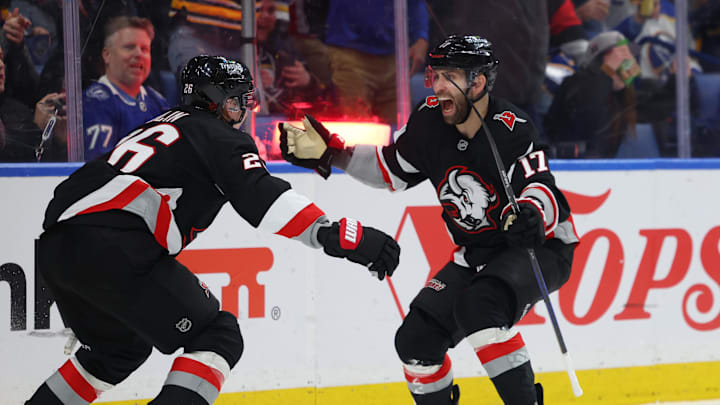 Mar 8, 2026; Buffalo, New York, USA;  Buffalo Sabres left wing Jason Zucker (17) reacts after scoring a goal during the second period against the Tampa Bay Lightning at KeyBank Center. Mandatory Credit: Timothy T. Ludwig-Imagn Images