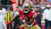 Aug 9, 2025; Santa Clara, California, USA;  San Francisco 49ers running back Corey Kiner (49) runs the ball in the second quarter against Denver Broncos at Levi's Stadium. Mandatory Credit: David Gonzales-Imagn Images