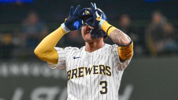 Jun 1, 2024; Milwaukee, Wisconsin, USA; Milwaukee Brewers third baseman Joey Ortiz (3) reacts after hitting a double to drive in a run against the Chicago White Sox in the third inning at American Family Field. Mandatory Credit: Benny Sieu-USA TODAY Sports