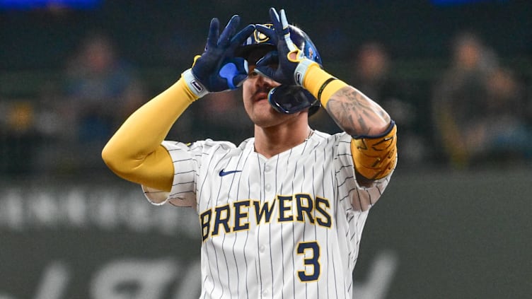 Jun 1, 2024; Milwaukee, Wisconsin, USA; Milwaukee Brewers third baseman Joey Ortiz (3) reacts after hitting a double to drive in a run against the Chicago White Sox in the third inning at American Family Field. Mandatory Credit: Benny Sieu-USA TODAY Sports