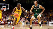 Nov 18, 2025; Minneapolis, Minnesota, USA; Minnesota Golden Gophers guard Chansey Willis Jr. (0) works around Chicago State Cougars guard Chauncey Gibson (5) during the first half at Williams Arena. Mandatory Credit: Matt Krohn-Imagn Images