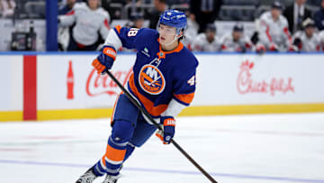 Oct 11, 2025; Elmont, New York, USA; New York Islanders defenseman Matthew Schaefer (48) skates against the Washington Capitals during the second period at UBS Arena. Mandatory Credit: Brad Penner-Imagn Images