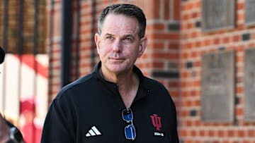 Sep 27, 2025; Iowa City, Iowa, USA; Indiana Hoosiers head coach Curt Cignetti enters Kinnick Stadium before the game against the Iowa Hawkeyes. Mandatory Credit: Jeffrey Becker-Imagn Images