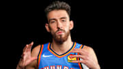 Oklahoma forward Chet Holmgren (7) poses for a photo shoot during Thunder media day at Paycom Center in Oklahoma City on Monday, Sept. 29, 2025.
