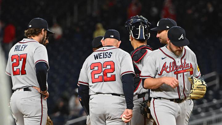 Apr 20, 2026; Washington, District of Columbia, USA; Atlanta Braves pitcher Bryce Elder (55) is removed from the game by manager Walt Weiss (22) during the seventh inning against the Washington Nationals at Nationals Park. Mandatory Credit: Brad Mills-Imagn Images