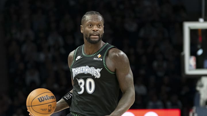 Oct 26, 2025; Minneapolis, Minnesota, USA; Minnesota Timberwolves forward Julius Randle (30) dribbles the ball against the Indiana Pacers in the first half at Target Center. Mandatory Credit: Jesse Johnson-Imagn Images