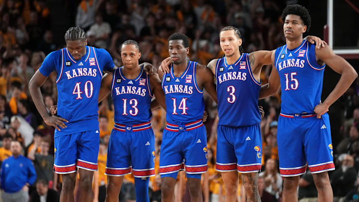 The Kansas Jayhawks players gather at mid-court during their game against the ASU Sun Devils at Desert Financial Arena in Tempe on March 3, 2026.