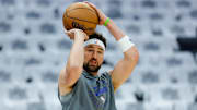 Dallas Mavericks guard Klay Thompson warms up before his game against the Sacramento Kings at Golden 1 Center.