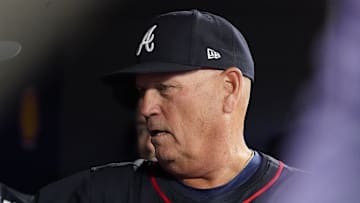 Apr 16, 2025; Toronto, Ontario, CAN; Atlanta Braves manager Brian Snitker in the dugout after the sixth inning against the Toronto Blue Jays at Rogers Centre. Mandatory Credit: John E. Sokolowski-Imagn Images