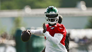 Jul 25, 2025; Florham Park, NJ, USA; New York Jets quarterback Tyrod Taylor (2) participates in a drill during training camp at Atlantic Health Jets Training Center. Mandatory Credit: John Jones-Imagn Images