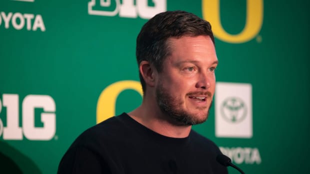 Oregon head coach Dan Lanning speaks during Oregon football’s media day