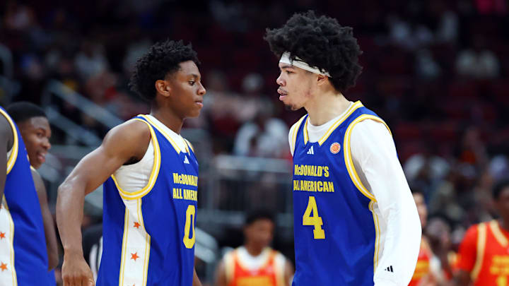 Mar 31, 2026; Glendale, AZ, USA; Tyran Stokes (4) with Brandon McCoy Jr (0) during the McDonalds All American Boys Game at Desert Diamond Arena. Mandatory Credit: Mark J. Rebilas-Imagn Images