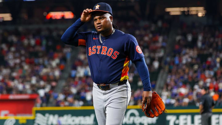 Aug 6, 2024; Arlington, Texas, USA; Houston Astros starting pitcher Framber Valdez (59) reacts after leaving the game and giving up a two-run home run to Texas Rangers shortstop Corey Seager (not pictured) during the ninth inning at Globe Life Field. Mandatory Credit: Kevin Jairaj-USA TODAY Sports