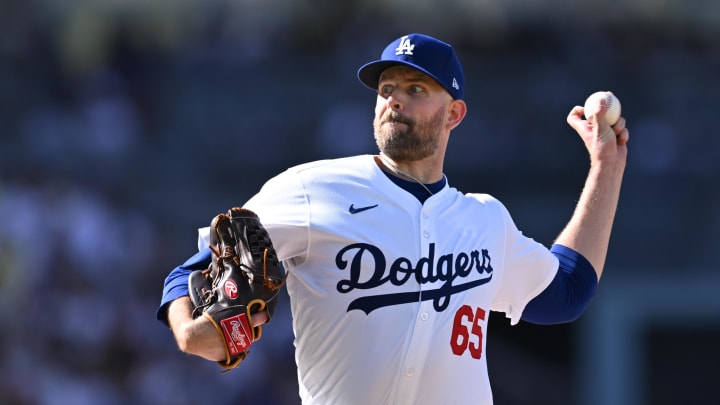 Los Angeles Dodgers pitcher James Paxton (65) throws a pitch against the Boston Red Sox during the fourth inning at Dodger Stadium on July 21.