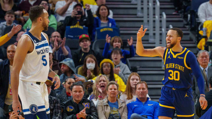 Mar 26, 2023; San Francisco, California, USA;  Golden State Warriors guard Stephen Curry (30) shouts to the referee asking for the foul during the second quarter against the Minnesota Timberwolves at Chase Center. Mandatory Credit: Neville E. Guard-USA TODAY Sports