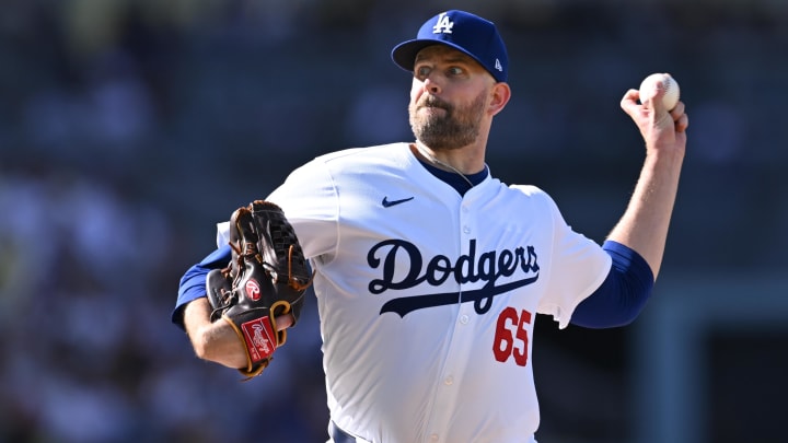 Jul 21, 2024; Los Angeles, California, USA; Los Angeles Dodgers pitcher James Paxton (65) throws a pitch against the Boston Red Sox during the fourth inning at Dodger Stadium. Mandatory Credit: Jonathan Hui-USA TODAY Sports