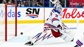 Oct 19, 2024; Toronto, Ontario, CAN; New York Rangers goaltender Igor Shesterkin (31) makes a save against the Toronto Maple Leafs during the third period at Scotiabank Arena. Mandatory Credit: Nick Turchiaro-Imagn Images
