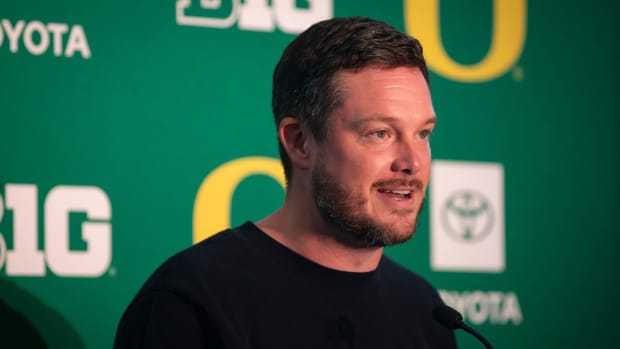 Oregon head coach Dan Lanning speaks during Oregon football’s media day