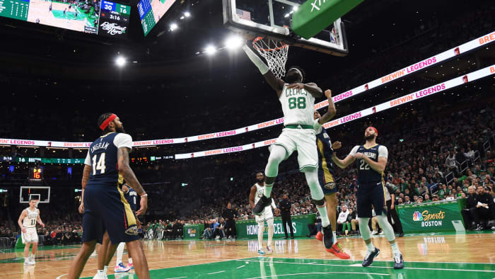 Jan 29, 2024; Boston, Massachusetts, USA; Boston Celtics center Neemias Queta (88) lays the ball in vs. the New Orleans Pelicans.