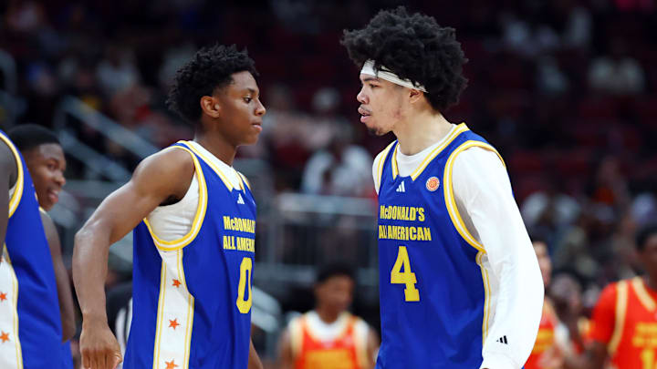 Mar 31, 2026; Glendale, AZ, USA; Tyran Stokes (4) with Brandon McCoy Jr (0) during the McDonalds All American Boys Game at Desert Diamond Arena. 