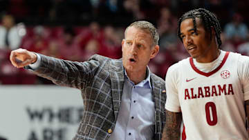 Nov 11, 2024; Tuscaloosa, AL, USA; Alabama head coach Nate Oats gives directions to Alabama guard Labaron Philon (0) at Coleman Coliseum. Alabama defeated McNeese 72-64. Mandatory Credit: Gary Cosby Jr.-Tuscaloosa News