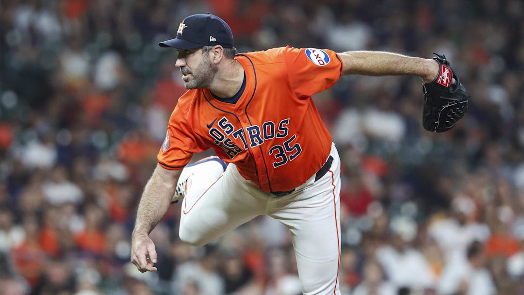Sep 20, 2024; Houston, Texas, USA; Houston Astros starting pitcher Justin Verlander (35) delivers a pitch during the first inning against the Los Angeles Angels at Minute Maid Park.