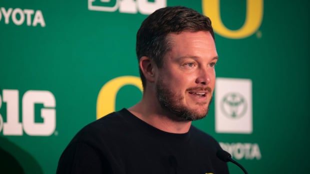 Oregon head coach Dan Lanning speaks during Oregon football’s media day 