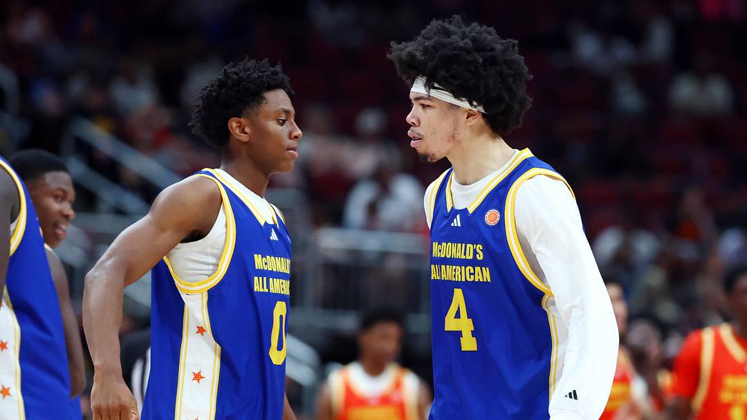 Mar 31, 2026; Glendale, AZ, USA; Tyran Stokes (4) with Brandon McCoy Jr (0) during the McDonalds All American Boys Game at Desert Diamond Arena. Mandatory Credit: Mark J. Rebilas-Imagn Images