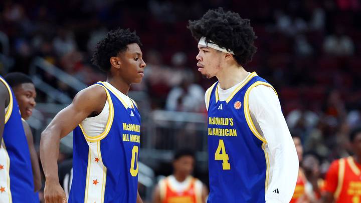 Mar 31, 2026; Glendale, AZ, USA; Tyran Stokes (4) with Brandon McCoy Jr (0) during the McDonalds All American Boys Game at Desert Diamond Arena. Mandatory Credit: Mark J. Rebilas-Imagn Images
