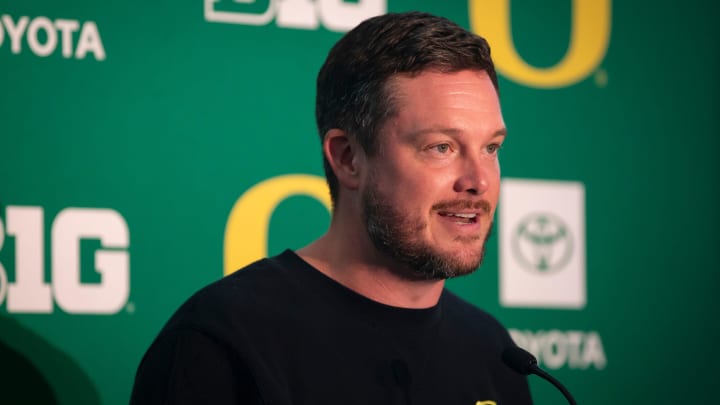 Oregon head coach Dan Lanning speaks during Oregon football’s media day Monday, July 29, 2024 at Autzen Stadium in Eugene, Ore.