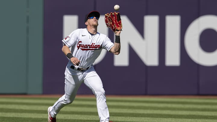 Apr 12, 2023; Cleveland, Ohio, USA; Cleveland Guardians center fielder Myles Straw (7) catches a ball it by New York Yankees catcher Kyle Higashioka (not pictured) during the seventh inning at Progressive Field. Mandatory Credit: Ken Blaze-Imagn Images