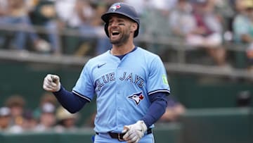Jun 8, 2024; Oakland, California, USA; Toronto Blue Jays center fielder Kevin Kiermaier (39) reacts after hitting a home run against the Oakland Athletics in the fifth inning at Oakland-Alameda County Coliseum. Mandatory Credit: Cary Edmondson-Imagn Images