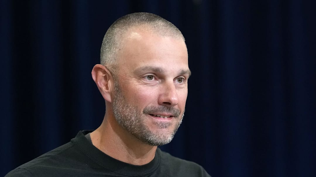 Feb 24, 2026; Indianapolis, IN, USA; Las Vegas Raiders general manager John Spytek speaks at the NFL Scouting Combine at the Indiana Convention Center. Mandatory Credit: Kirby Lee-Imagn Images