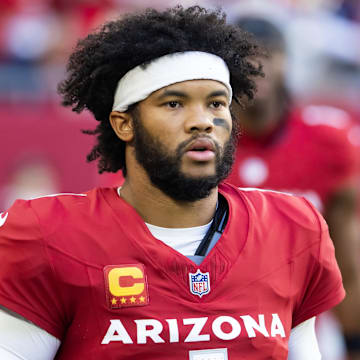 Jan 5, 2025; Glendale, Arizona, USA; Arizona Cardinals quarterback Kyler Murray (1) against the San Francisco 49ers at State Farm Stadium. Mandatory Credit: Mark J. Rebilas-Imagn Images