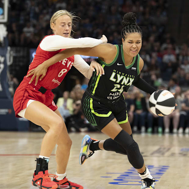 Minnesota Lynx forward Napheesa Collier (24) dribbles the ball past Indiana Fever guard Sophie Cunningham (8) 
