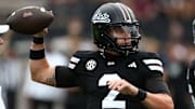 Mississippi State Bulldogs quarterback Blake Shapen (2) passes the ball during warm ups prior to the game against the Arizona State Sun Devils at Davis Wade Stadium at Scott Field.