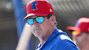 Feb 25, 2024; Clearwater, Florida, USA;  Philadelphia Phillies manager Rob Thomson (59) directs batting practice before a game against the New York Yankees at BayCare Ballpark
