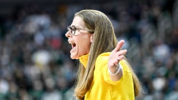 Michigan's head coach Kim Barnes Arico calls out to players during the first quarter in the game against Michigan State on Saturday, Jan. 27, 2024, at the Breslin Center in East Lansing.