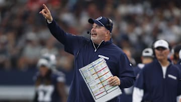 Aug 24, 2024; Arlington, Texas, USA; Dallas Cowboys head coach Mike McCarthy calls a play in the game against the Los Angeles Chargers at AT&T Stadium. Mandatory Credit: Tim Heitman-Imagn Images