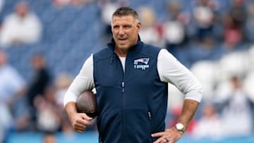 Oct 19, 2025; Nashville, Tennessee, USA;  New England Patriots head coach Mike Vrabel during pre-game warmups at Nissan Stadium. Mandatory Credit: Steve Roberts-Imagn Images