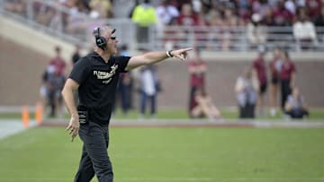 Oct 11, 2025; Tallahassee, Florida, USA; Florida State Seminoles head coach Mike Norvell during the second half against the Pittsburgh Panthers at Doak S. Campbell Stadium. Mandatory Credit: Melina Myers-Imagn Images