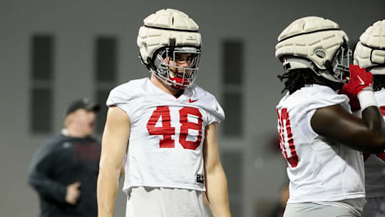 Ohio State Buckeyes defensive lineman Logan George (48) lines up during spring football practice at the Woody Hayes Athletic Center in Columbus on March 19, 2025.