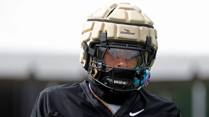 Purdue Boilermakers wide receiver CJ Smith (9) lines up to run a drill