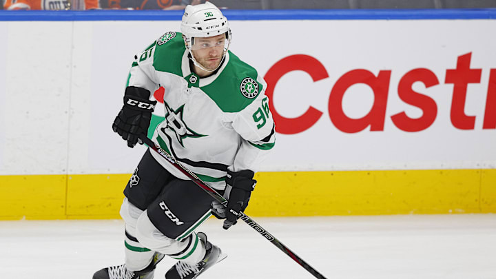 Mar 8, 2025; Edmonton, Alberta, CAN; Dallas Stars forward forward Mikko Rantanen (96) skates during warmup against the Edmonton Oilers at Rogers Place. Mandatory Credit: Perry Nelson-Imagn Images